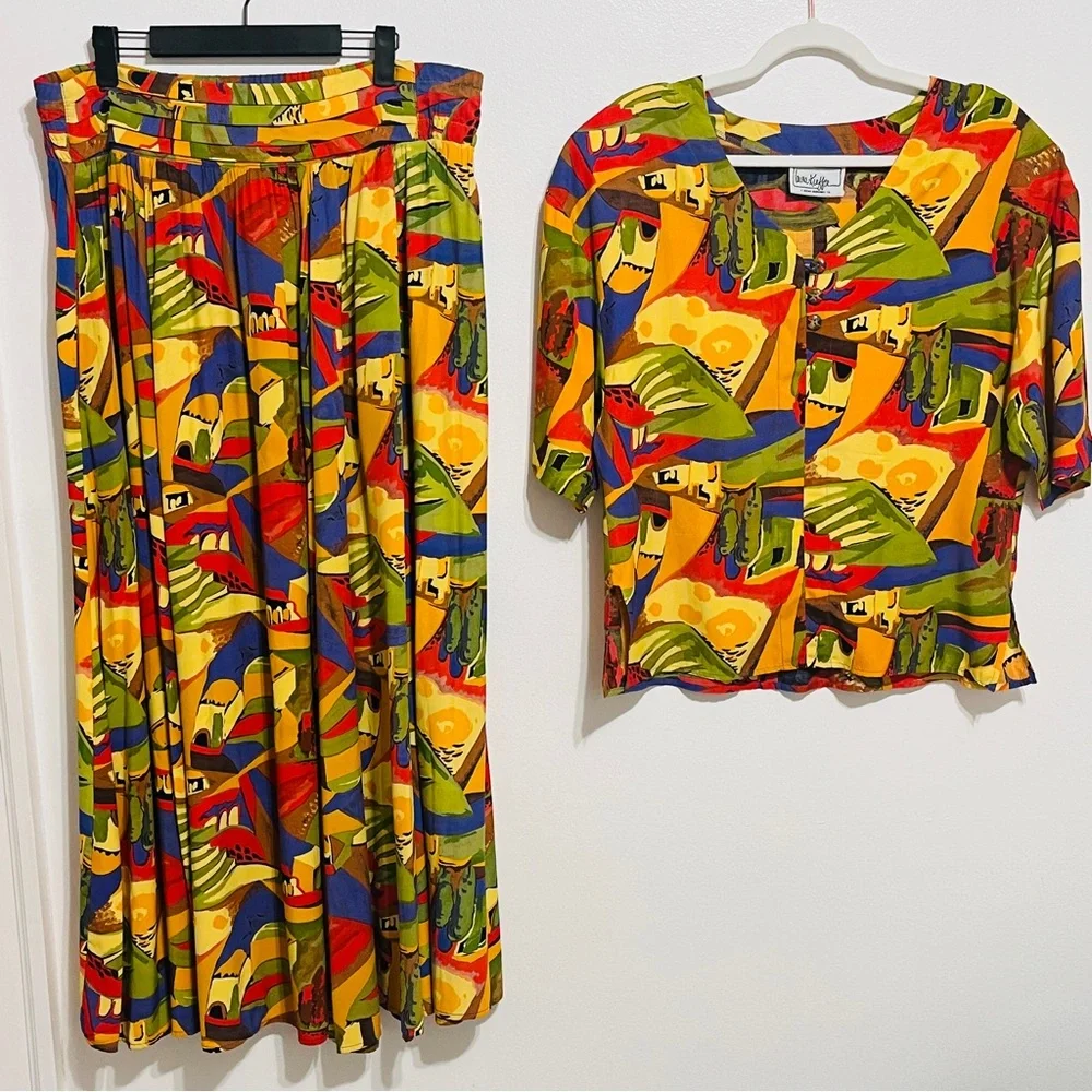 Laura Kieffer 2pc Maxi Skirt Set Sz 10 Wearable Art Multicolor Vintage - Picture 1 of 10